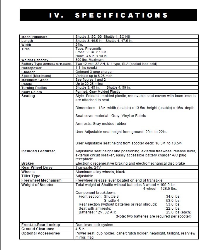 Pride Shuttle Specifications Page from Manual